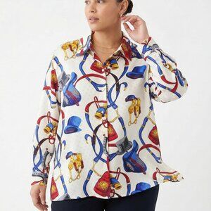 VTG Corey B Blouse Button Up Equestrian Silk Polka Dot Derby White Blue 16 NWT
